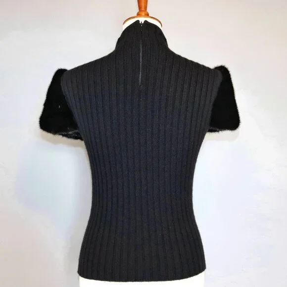 Valentino Black Cashmere Wool Sweater Genuine Fur Short Sleeve Mock neck Top